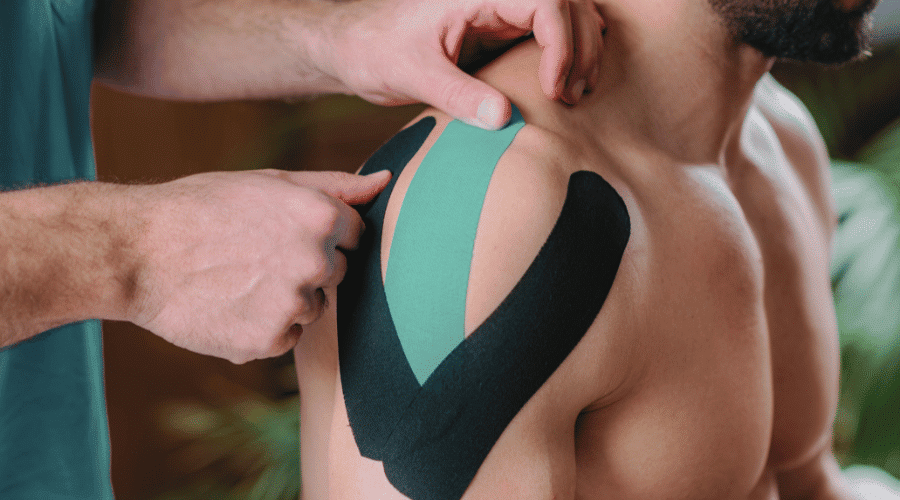 Kinesiology tape applied for muscle support and improved movement
